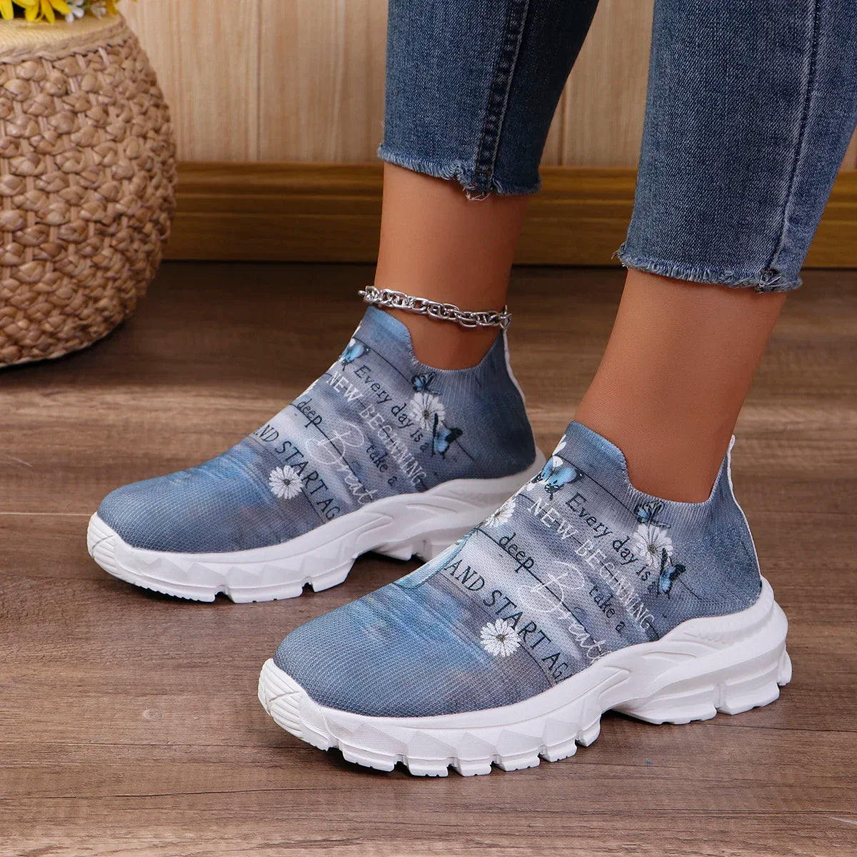 Floral Print Knit Platform Sneakers