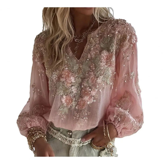 Women V Neck Long Sleeve Floral Blouse Casual Relaxed Fit Top