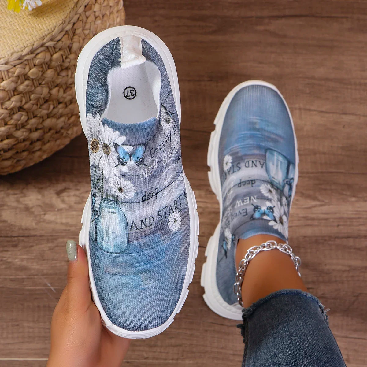 Floral Print Knit Platform Sneakers