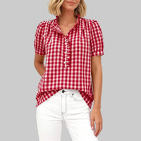 Plaid Button Short Sleeve Blouse
