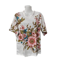 Women Linen Print Blouse Round Neck Short Sleeve Casual Top