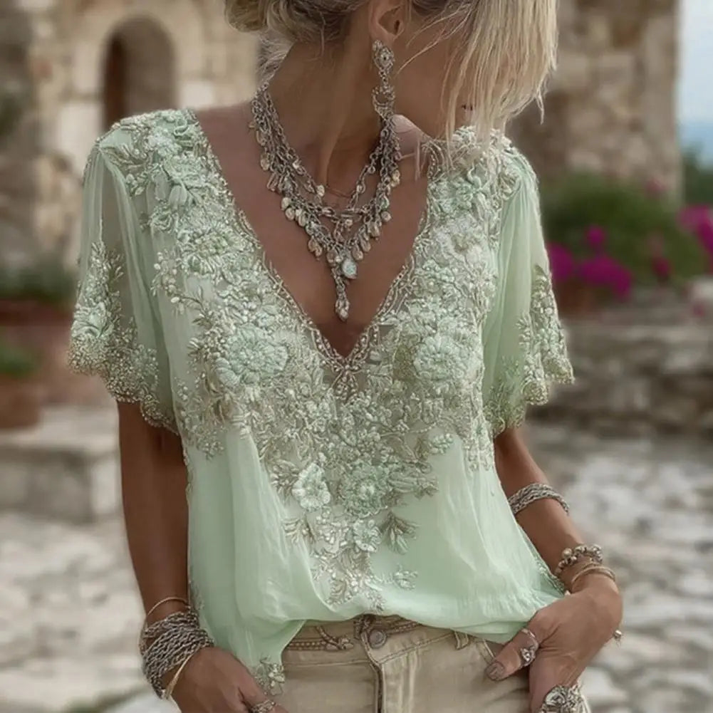 Women French Style V Neck Floral Jacquard Top Short Sleeve