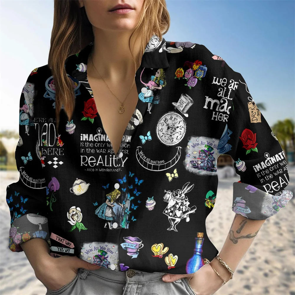 Women Alice In Wonderland Blouse Fantasy Graphic Casual Top