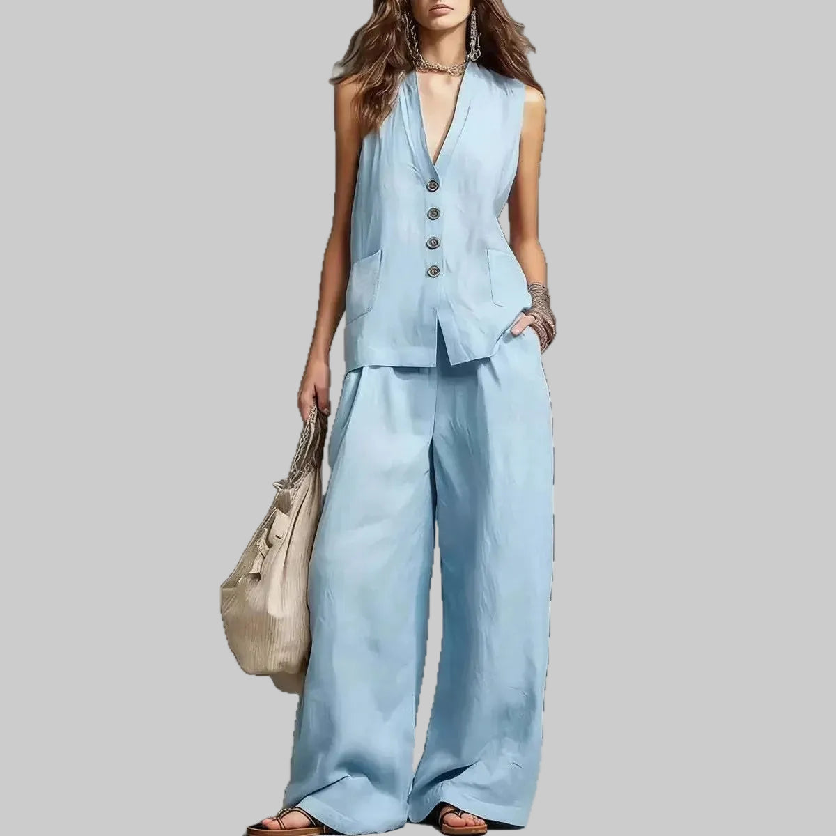 Cotton Linen Vest And Wide Leg Pants Set