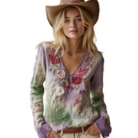 Women V Neck Long Sleeve Floral T Shirt 3D Flower Casual Top