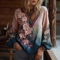 Women V Neck Long Sleeve Floral T Shirt 3D Flower Casual Top
