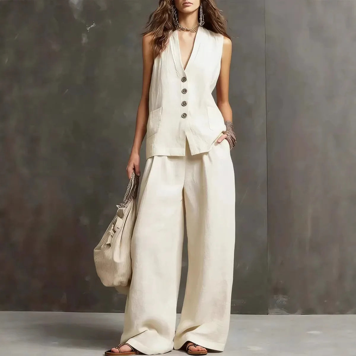 Cotton Linen Vest And Wide Leg Pants Set