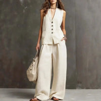 Cotton Linen Vest And Wide Leg Pants Set