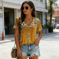 Women Bohemian Print V Neck Short Sleeve T Shirt Summer Top