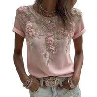 Women Linen Print Blouse Round Neck Short Sleeve Casual Top