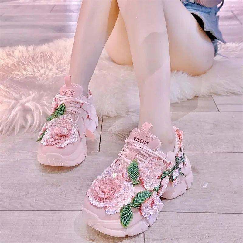 Pink Applique Platform Sports Shoes