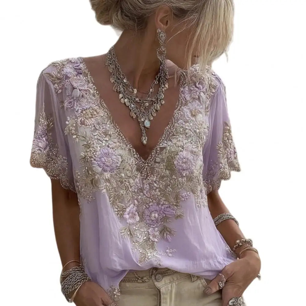 Women French Style V Neck Floral Jacquard Top Short Sleeve