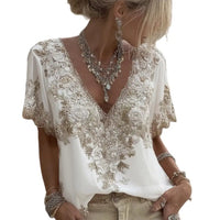 Women French Style V Neck Floral Jacquard Top Short Sleeve