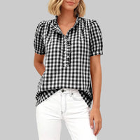 Plaid Button Short Sleeve Blouse