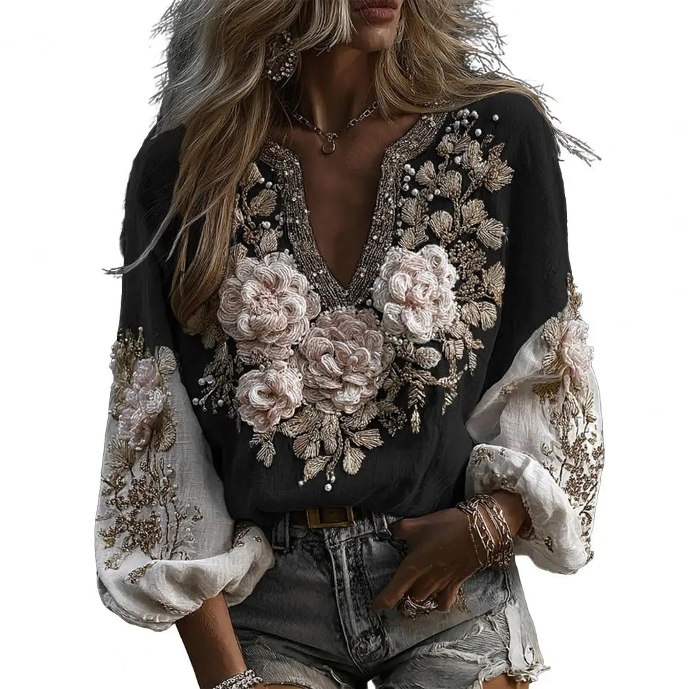 Women V Neck Long Sleeve Floral Blouse Casual Relaxed Fit Top