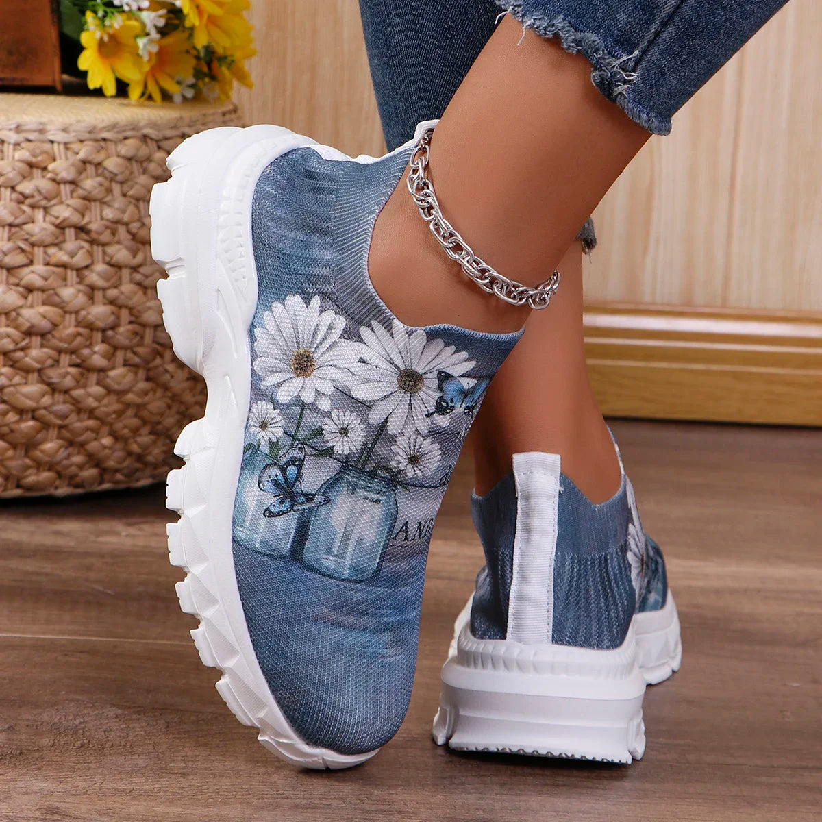 Floral Print Knit Platform Sneakers