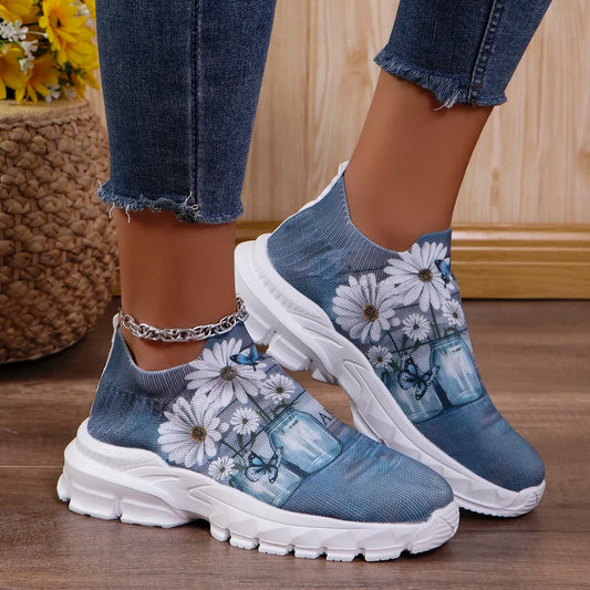 Floral Print Knit Platform Sneakers