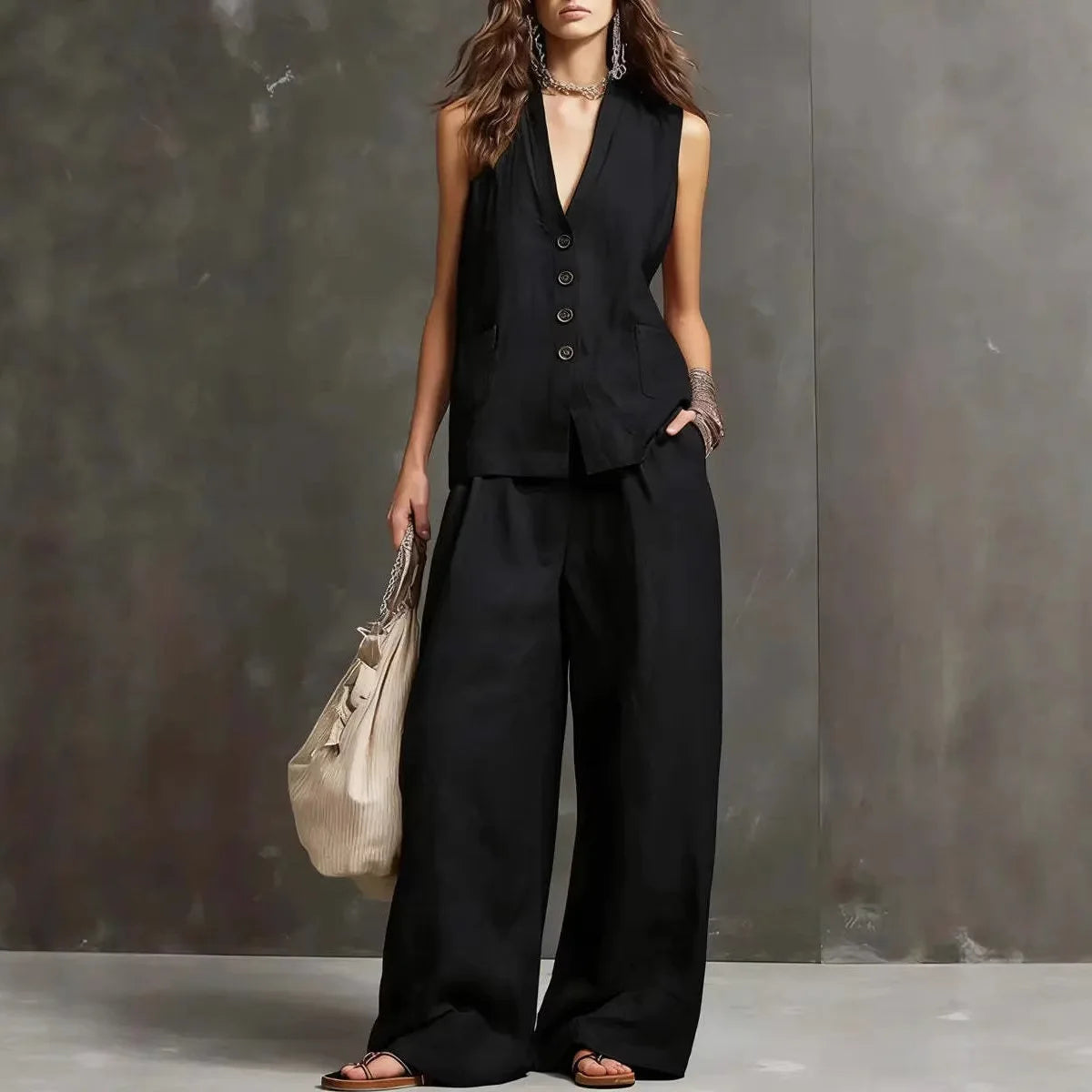 Cotton Linen Vest And Wide Leg Pants Set