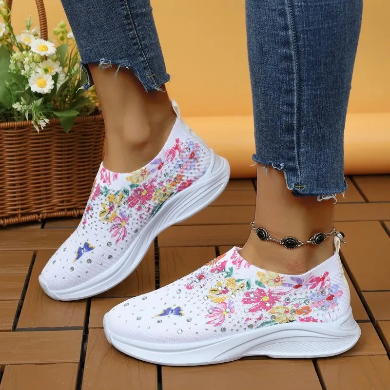 Floral Knit Slip On Walking Shoes