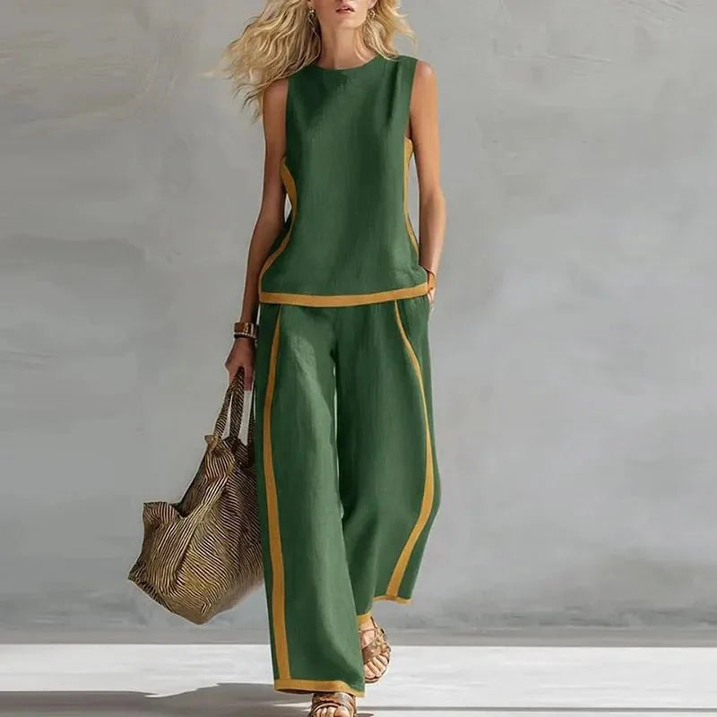 Sleeveless O Neck Top And Wide Leg Pants Set