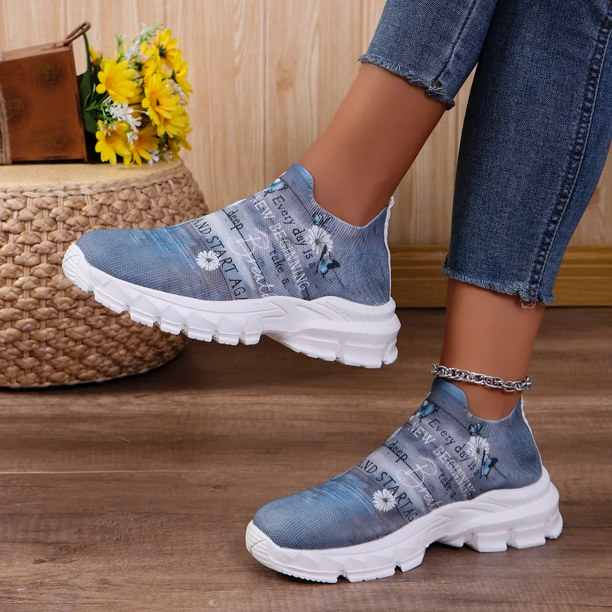 Floral Print Knit Platform Sneakers