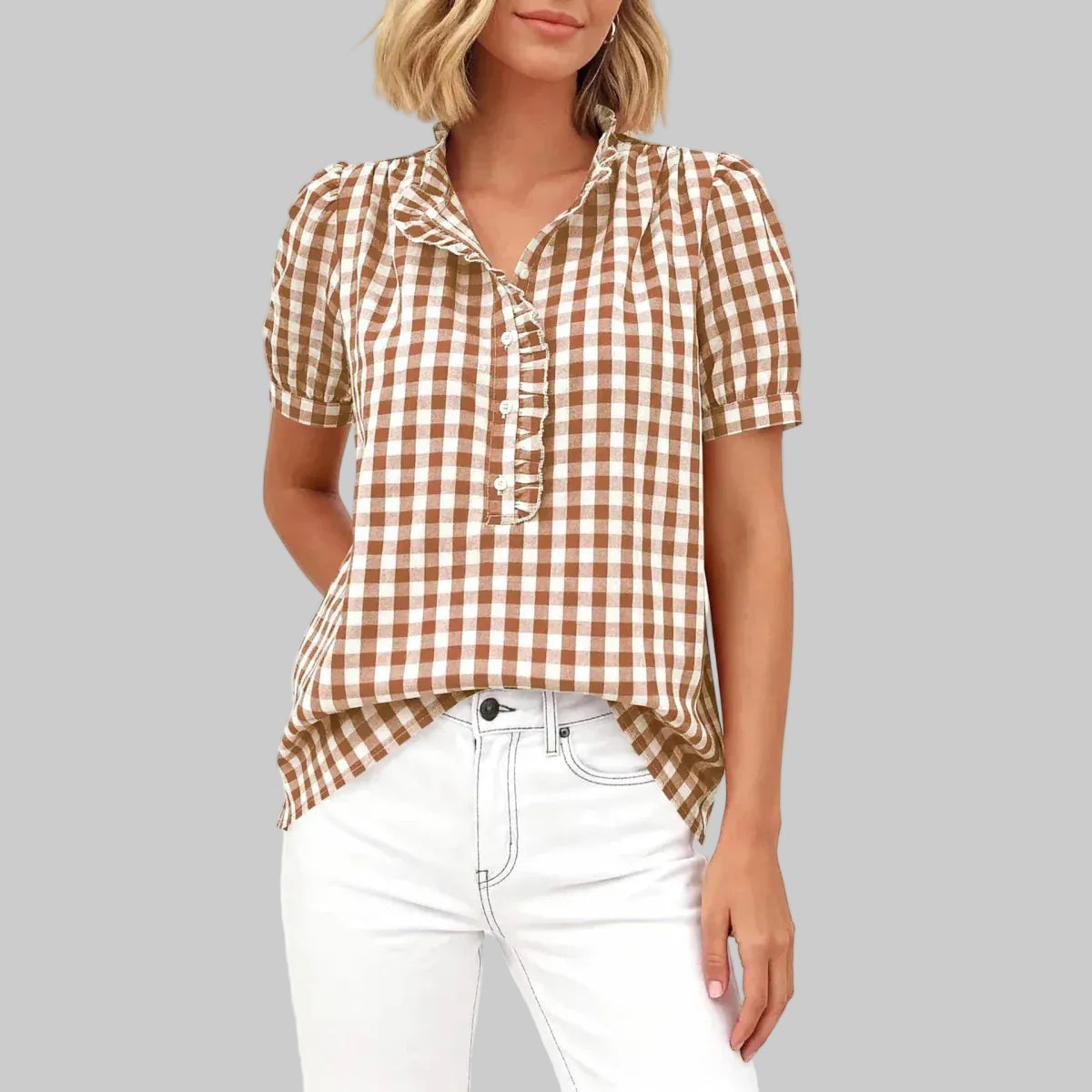 Plaid Button Short Sleeve Blouse
