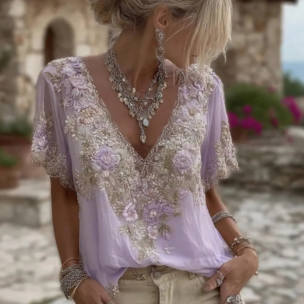 Women French Style V Neck Floral Jacquard Top Short Sleeve