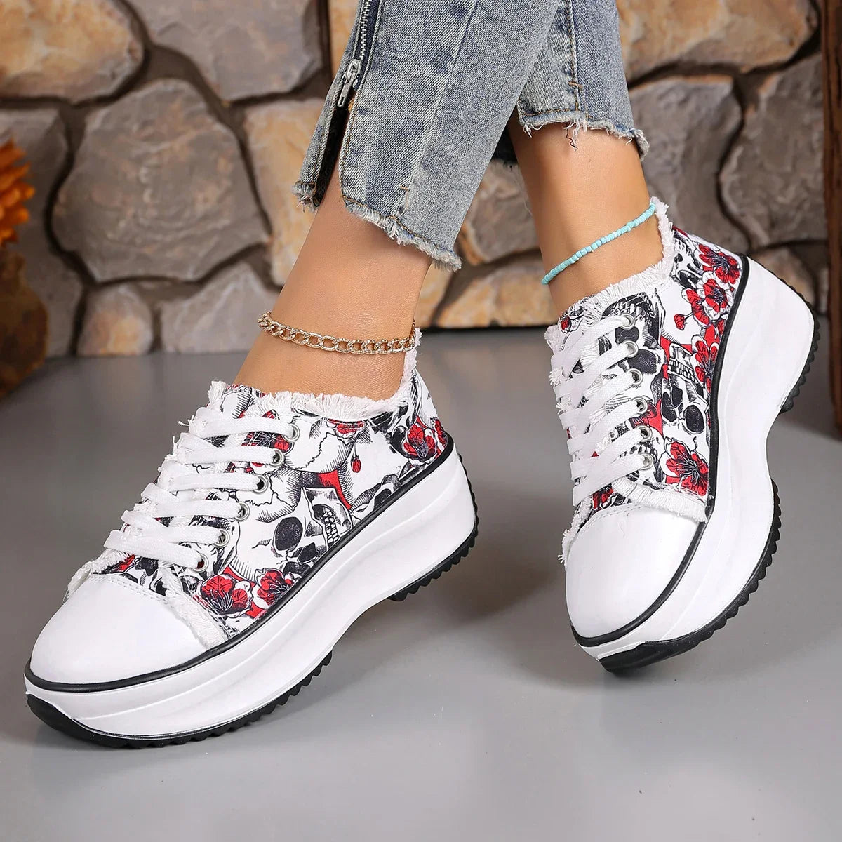 Floral Print Lace Up Platform Sneakers