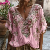 Women French Style V Neck Floral Jacquard Top Short Sleeve