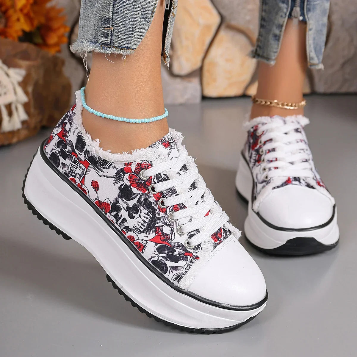 Floral Print Lace Up Platform Sneakers