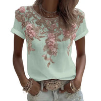 Women Linen Print Blouse Round Neck Short Sleeve Casual Top