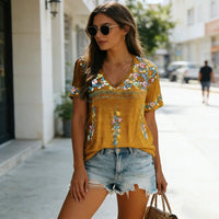 Women Bohemian Print V Neck Short Sleeve T Shirt Summer Top