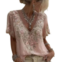 Women French Style V Neck Floral Jacquard Top Short Sleeve