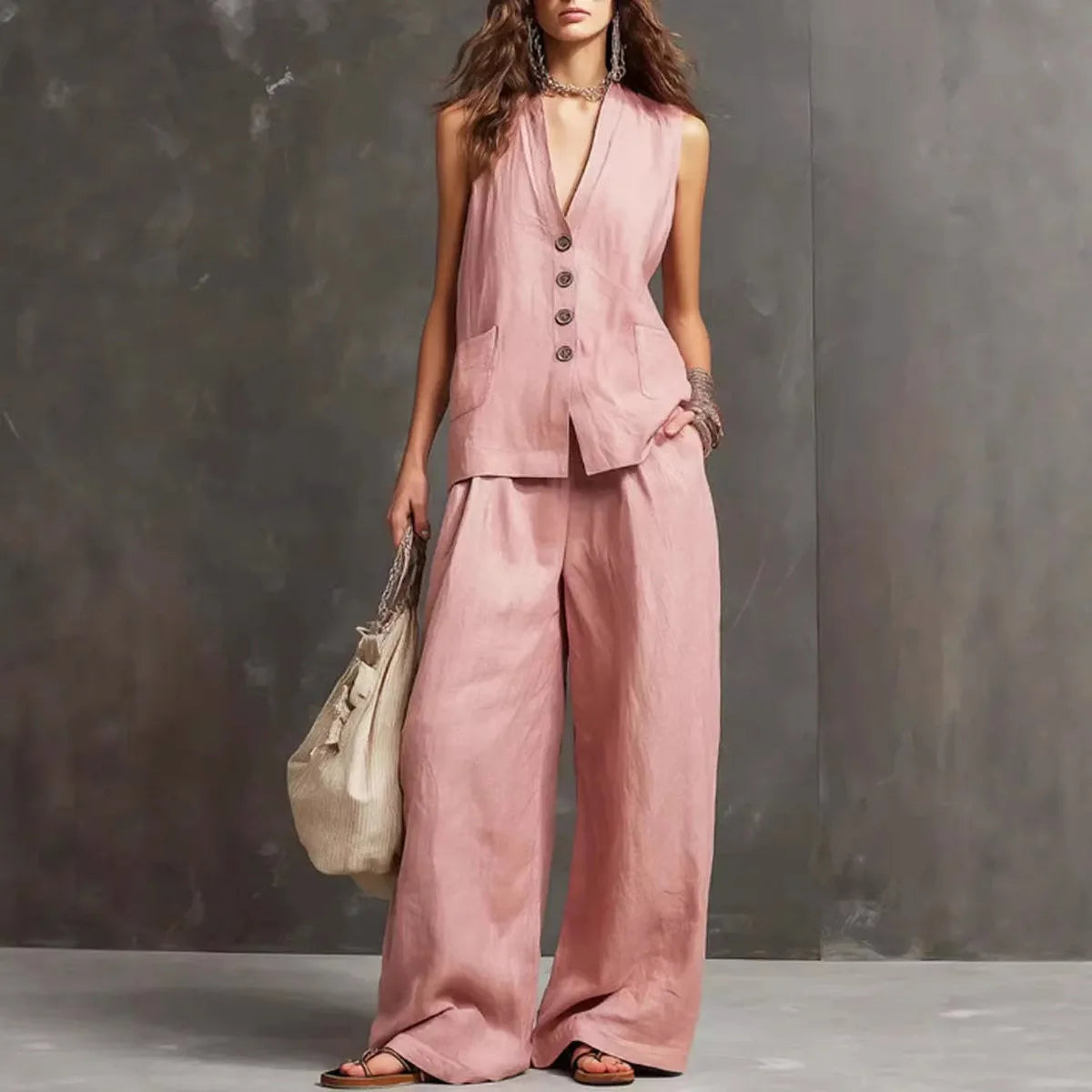 Cotton Linen Vest And Wide Leg Pants Set