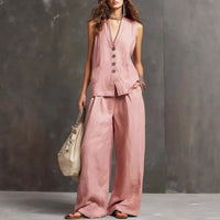 Cotton Linen Vest And Wide Leg Pants Set