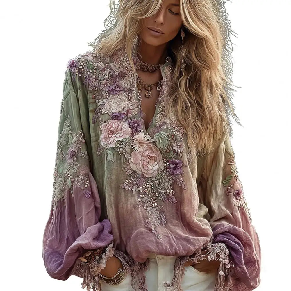 Women V Neck Long Sleeve Floral Blouse Casual Relaxed Fit Top