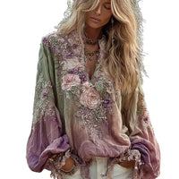 Women V Neck Long Sleeve Floral Blouse Casual Relaxed Fit Top