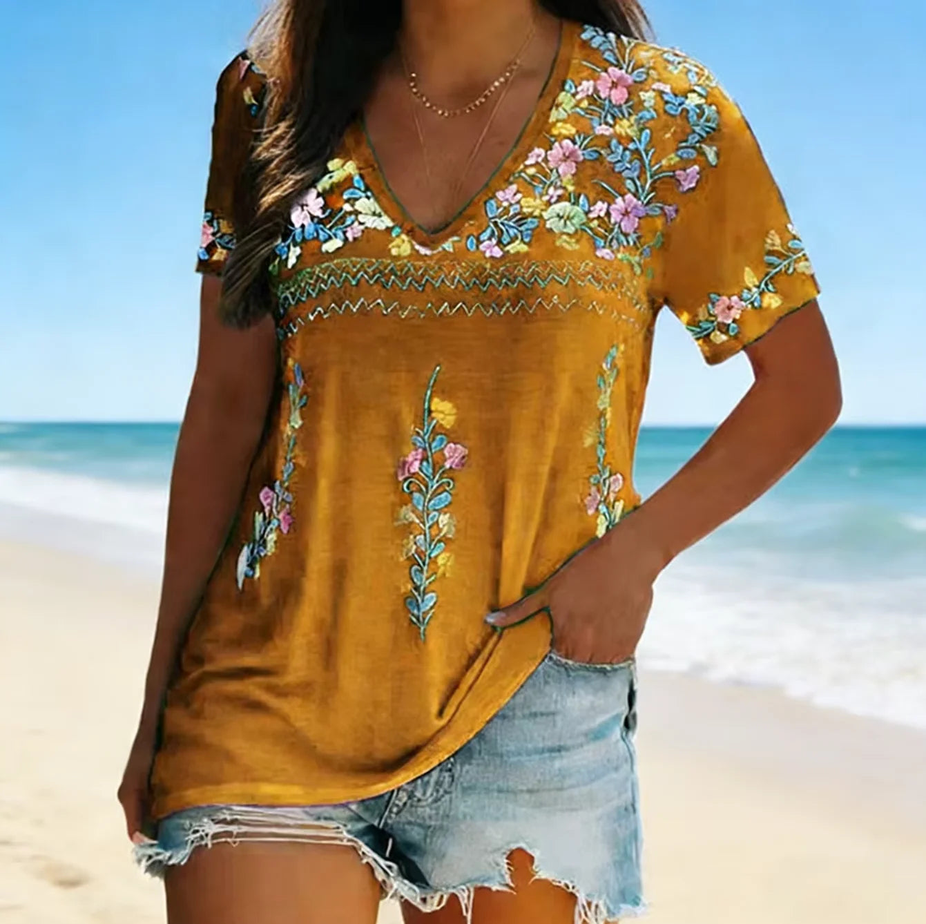 Women Bohemian Print V Neck Short Sleeve T Shirt Summer Top