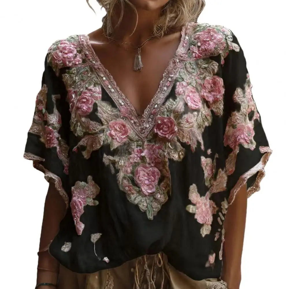 Women French Style V Neck Floral Jacquard Top Short Sleeve