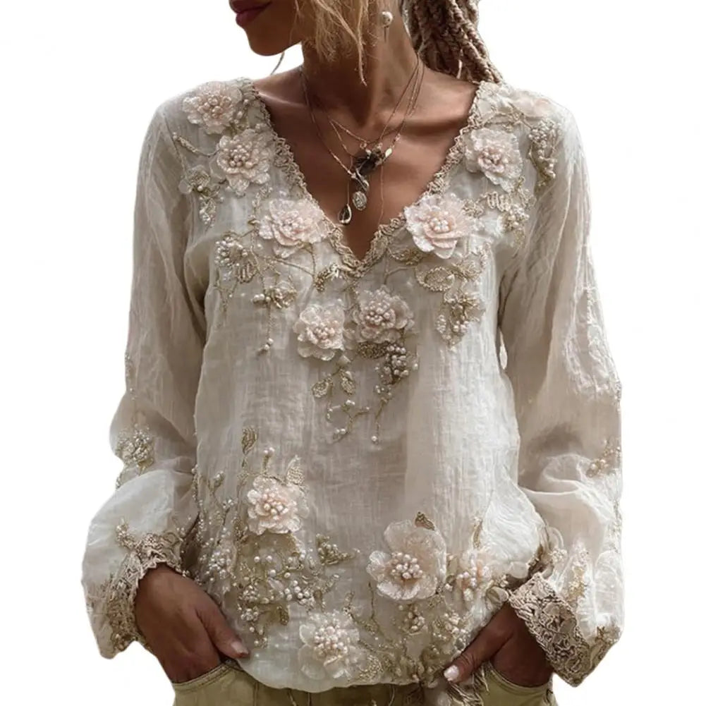 Women V Neck Long Sleeve Floral T Shirt 3D Flower Casual Top