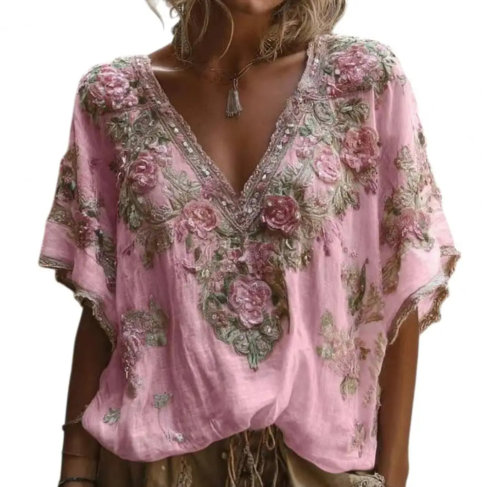 Women French Style V Neck Floral Jacquard Top Short Sleeve