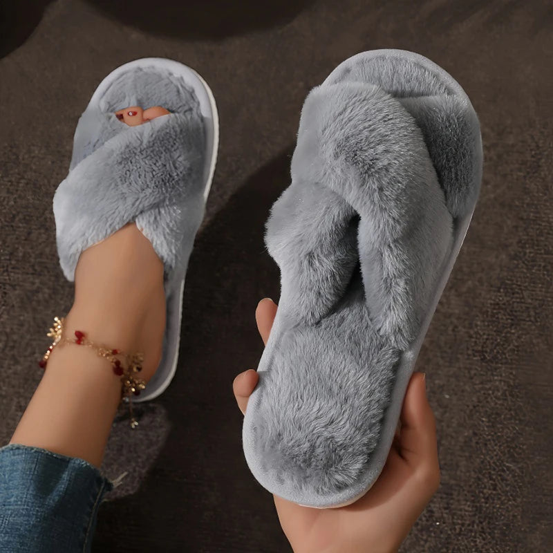 Fluffy Cross Band Home Slippers