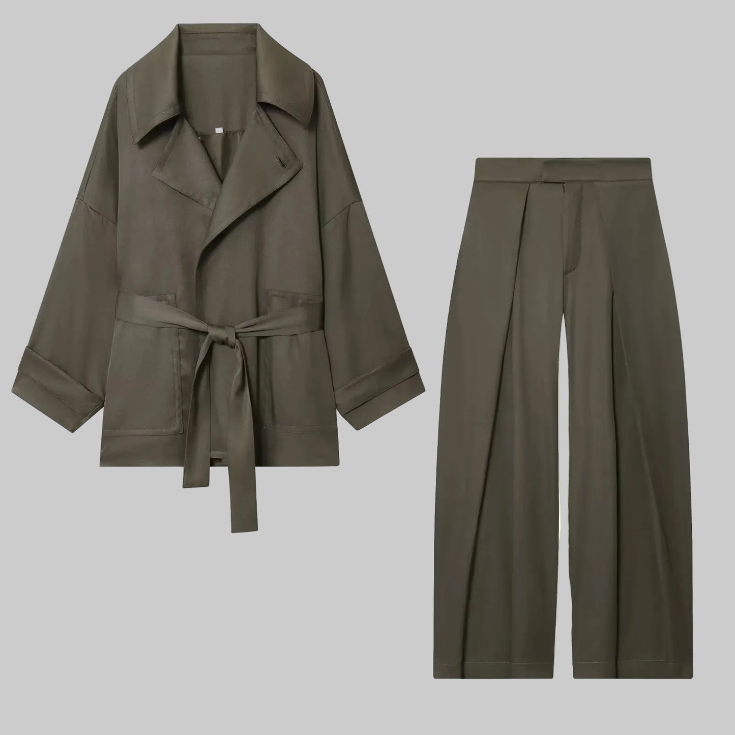 Belted Jacket And Wide Leg Pants Set