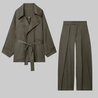 Belted Jacket And Wide Leg Pants Set