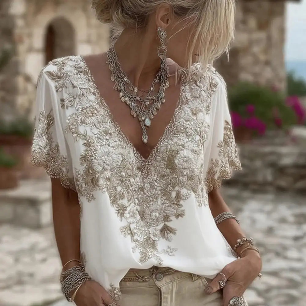Women French Style V Neck Floral Jacquard Top Short Sleeve