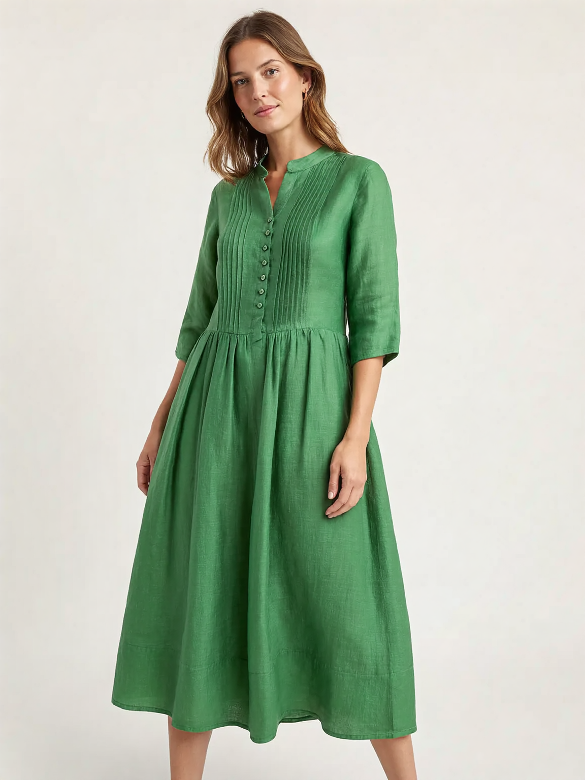 Elegant Linen Long Dress | Green / M | side | Bimbloo