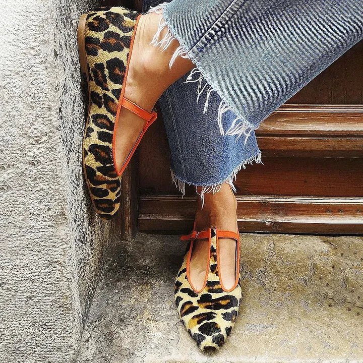 Leopard Print T Strap Flats