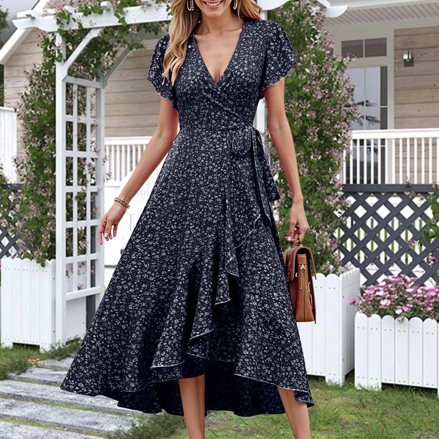 Floral Wrap V Neck Dress