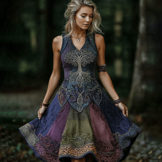 Celtic Print V Neck Midi Dress