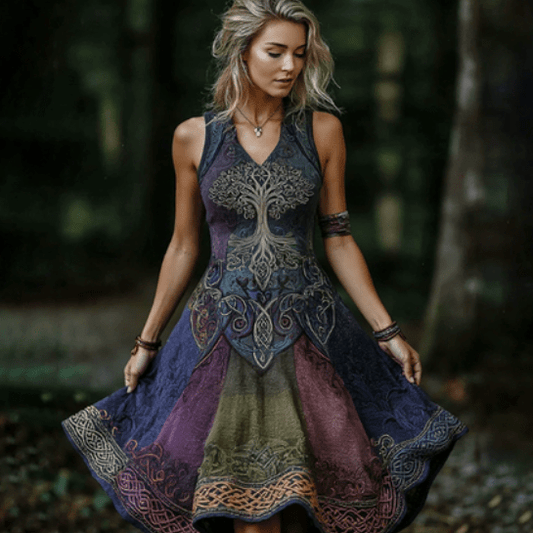 Celtic Print V Neck Midi Dress